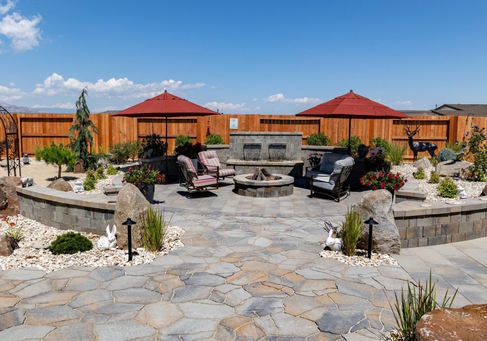 Design Build water feature, fire pit, seat walls, Arbel pavers, Gail Willey Landscaping, Reno Nevada