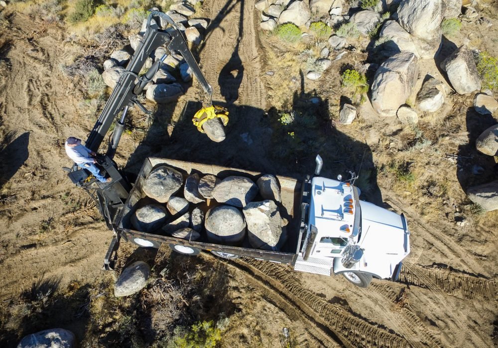 Drone view of harvesting boulders at the rock pit in Reno Nevada