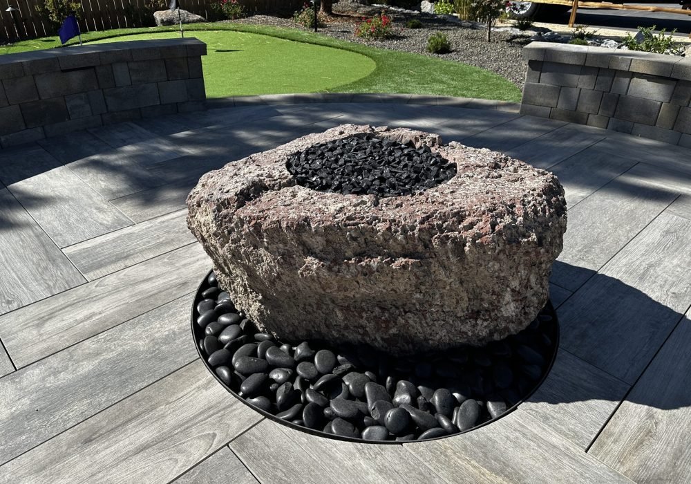 Harvester boulder cored for gas Fire Pit