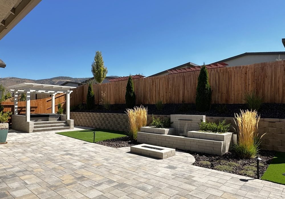 Pergola, fire pit and water feature