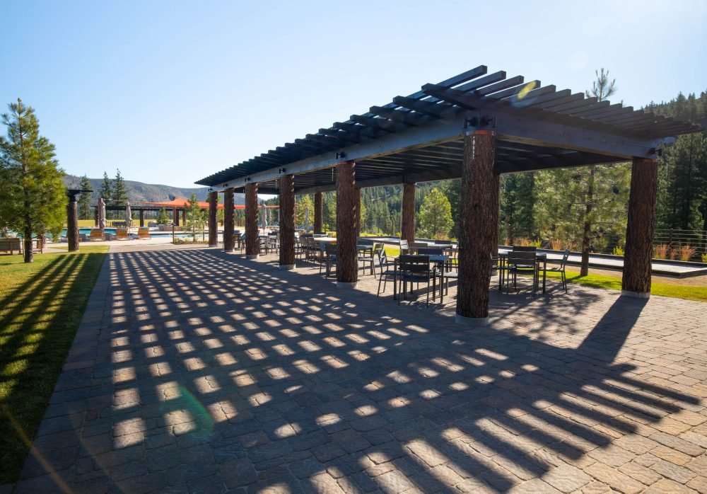 commercial landscaping large wooden pergola for shade in Reno Nevada