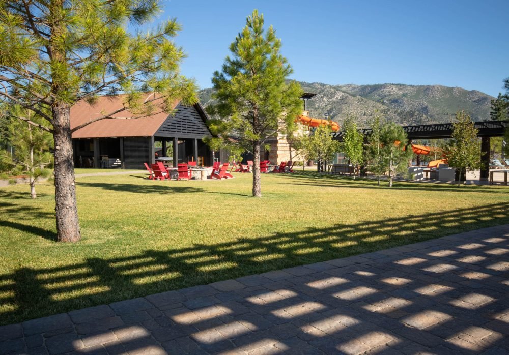 Seating area with fire pit and shade trees