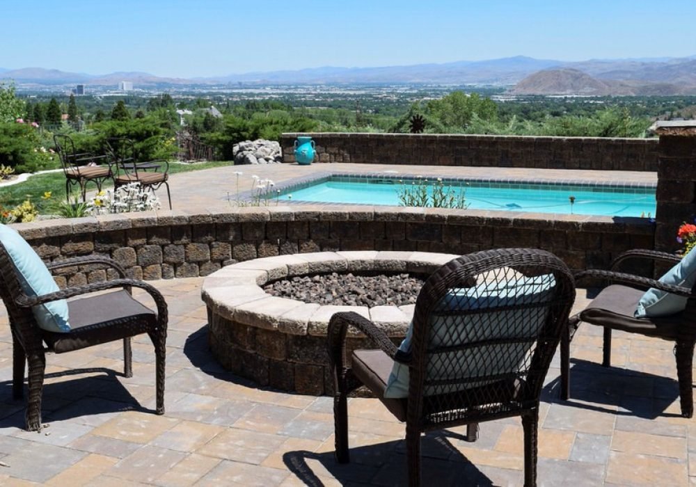 outdoor fire pit overlooking pool area landscaping custom reno nevada tahoe california